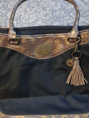 Reba Black Laptop Tote with Metallic Brown Faux-Croc Trim and Tassel